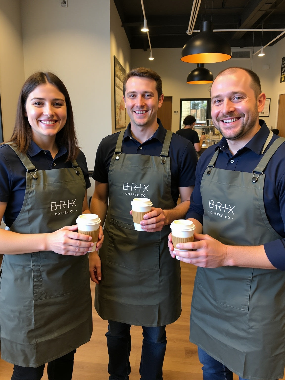 Premier PR129 Cross-back Barista aprons in dark grey with embroidered BRIX logo in white thread