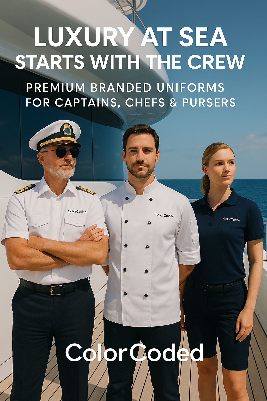Yacht Crew Wearing Branded Uniforms - Color Coded Workwear