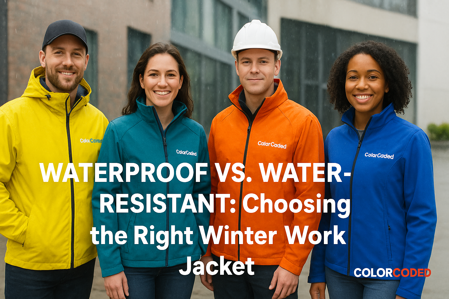 Image showing staff wearing their branded ColorCoded Workwear waterproof jackets