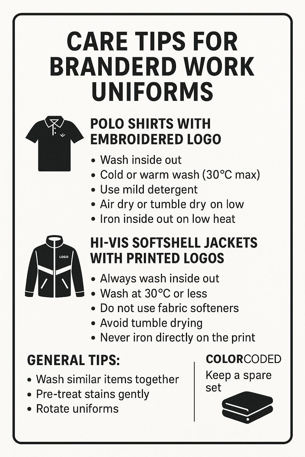 Flyer explaining care tips for branded work uniforms - ColorCoded Workwear