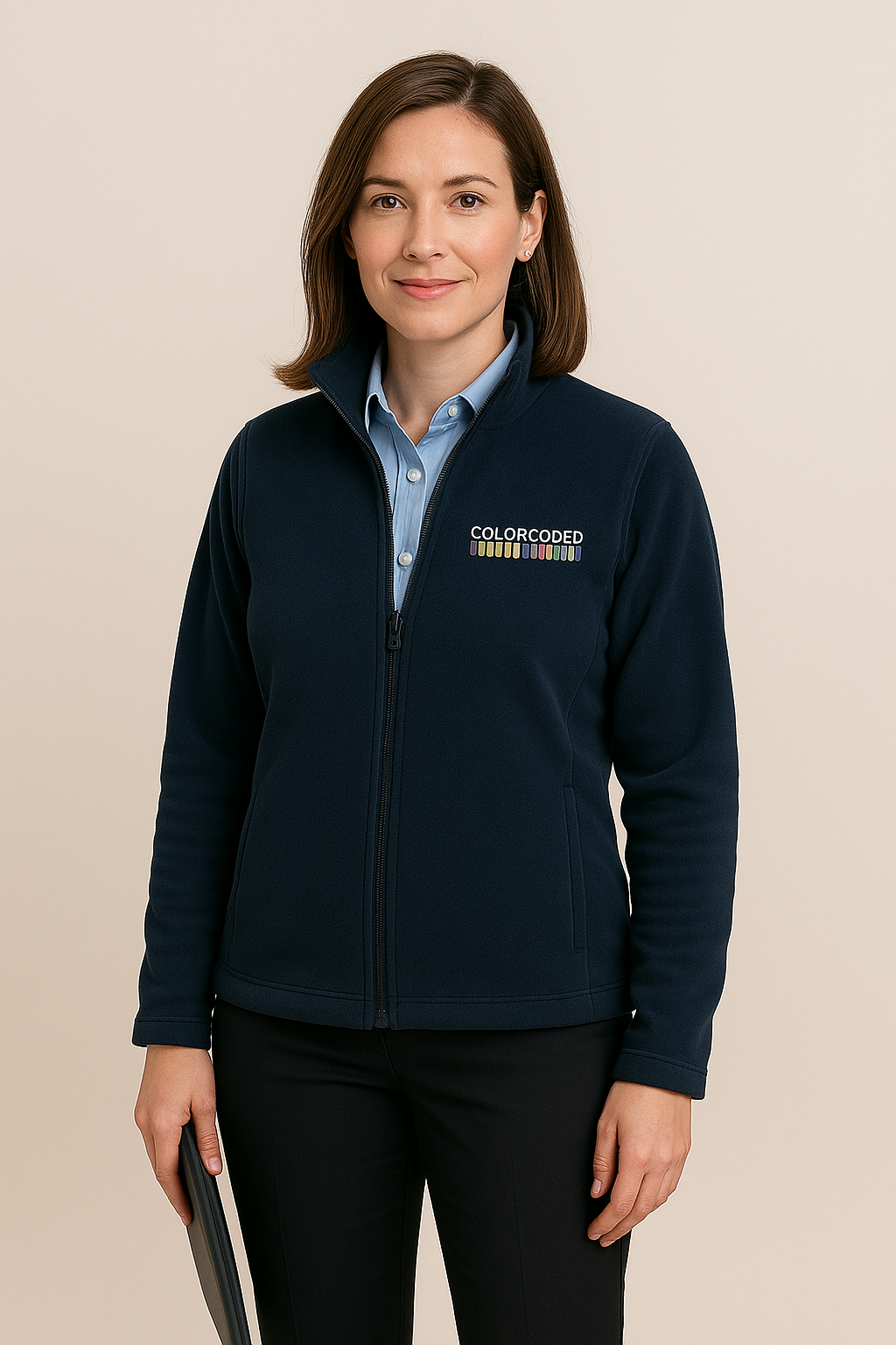 Model wearing branded shirt and fleece - ColorCoded Workwear