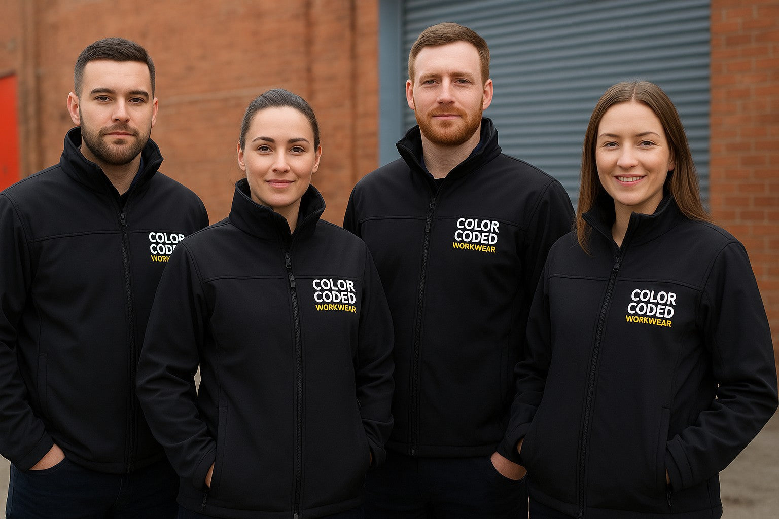 Team of workers wearing branded winter workwwear - Color Coded Workwear