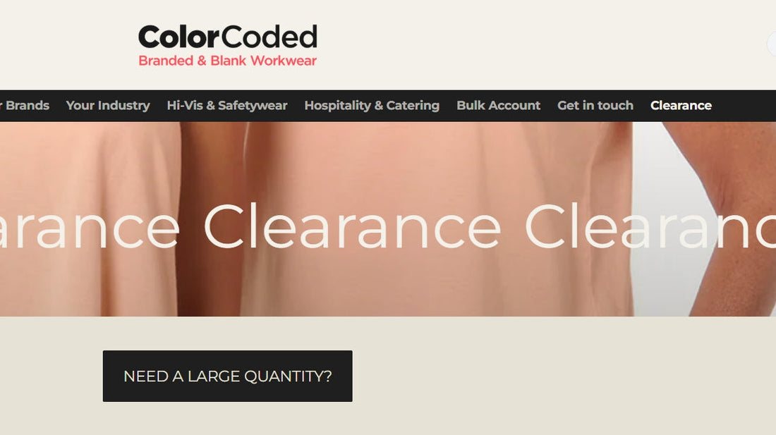 Screenshot of Clearance page - Color Coded Workwear