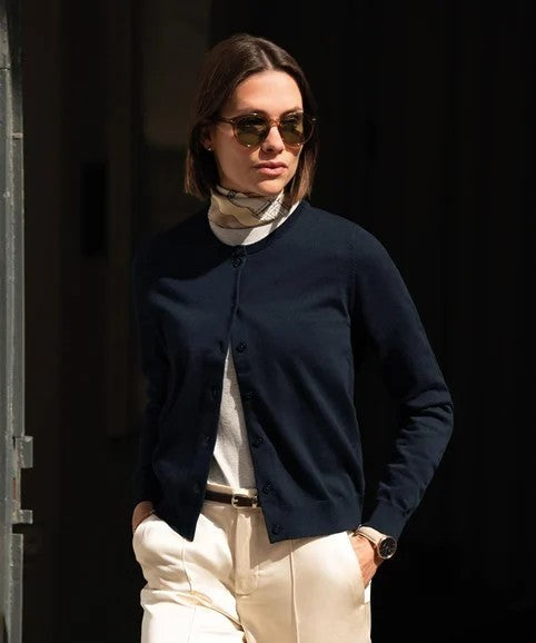 Model wearing Nimbus Cardigan - ColorCoded Workwear