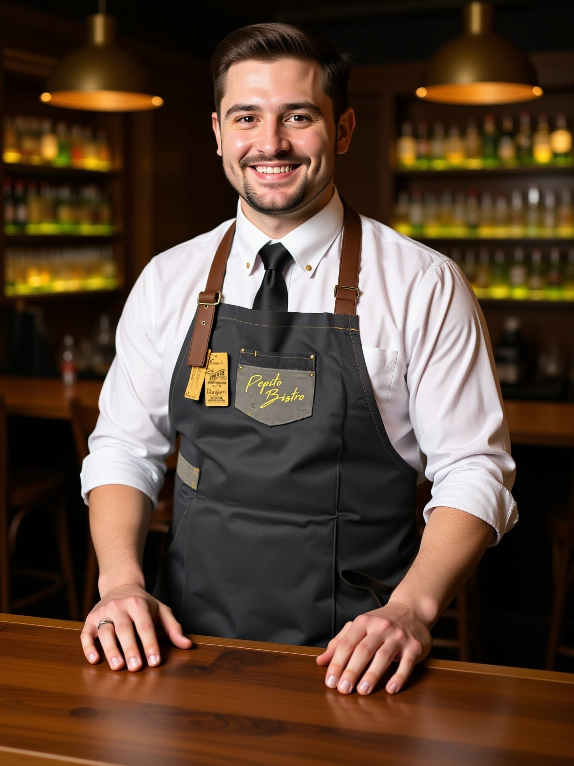 Member of bar staff wearing the PR136 Division waxed bib apron with embroidered logo - ColorCoded workwear