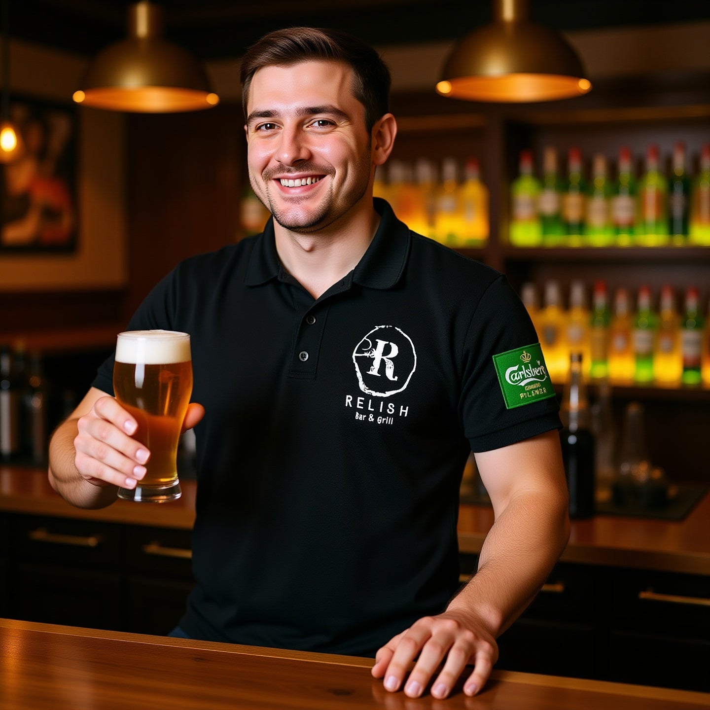 Relish Bar & Grill bar staff wearing Russell Athletic 566M polo with embroidered Relish and Carlsberg logos