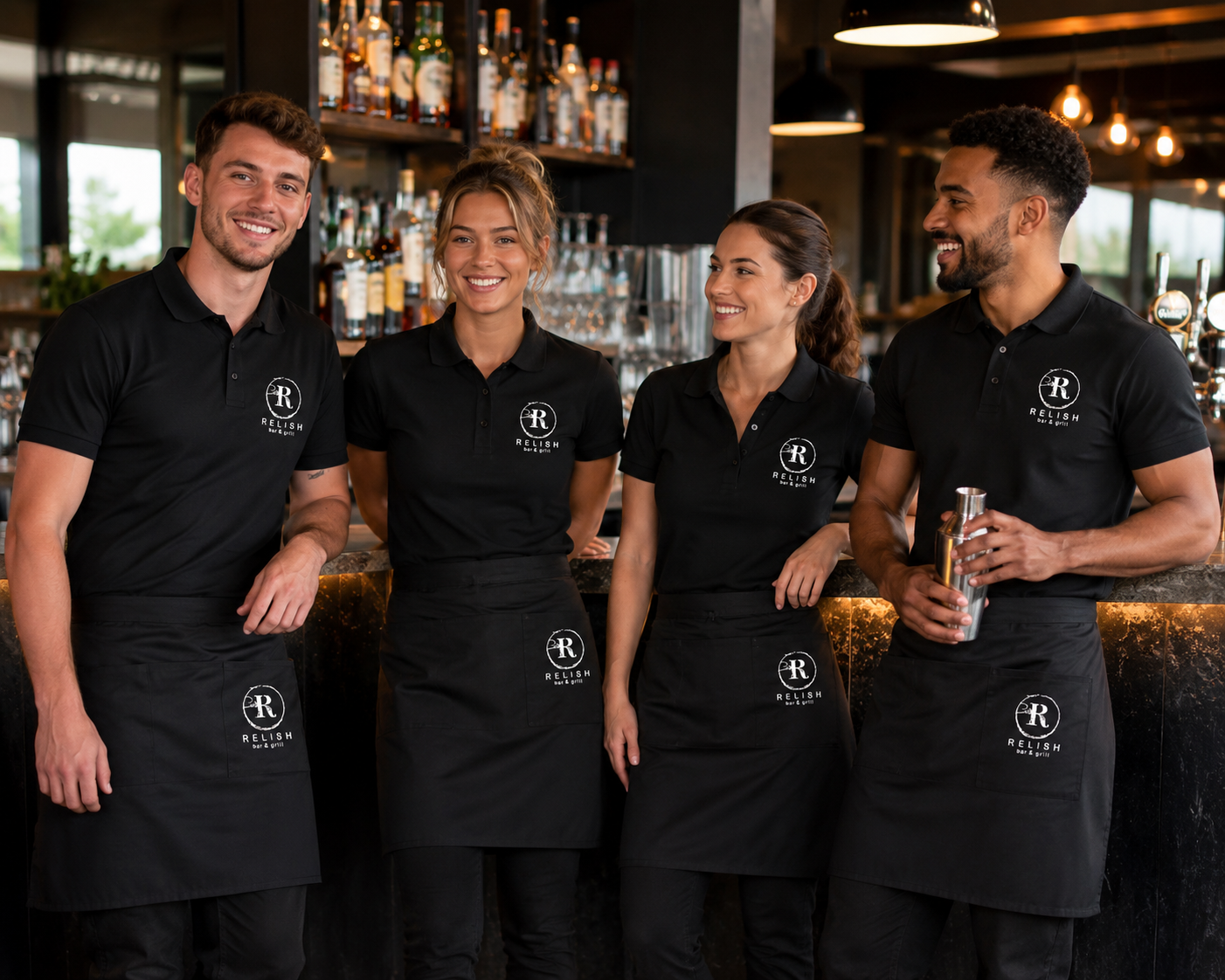Bar staff wearing premium Russell polos and Premier pr155 three pocket aprons with embroidered logos - ColorCoded Workwear