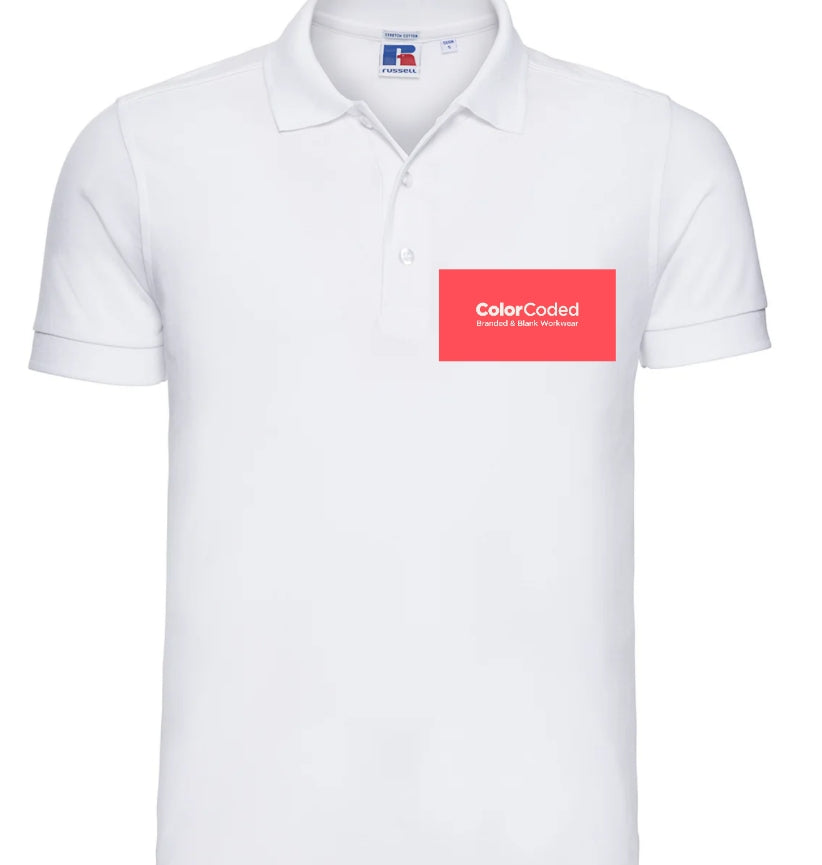 Embroidered logo mockup on white polo shirt for UK business uniform”