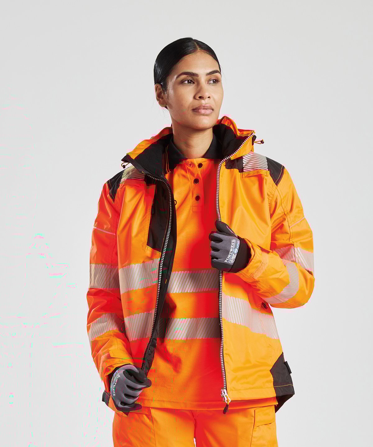 Model wearing Portwest Hi-vis winter jacket - ColorCoded Workwear
