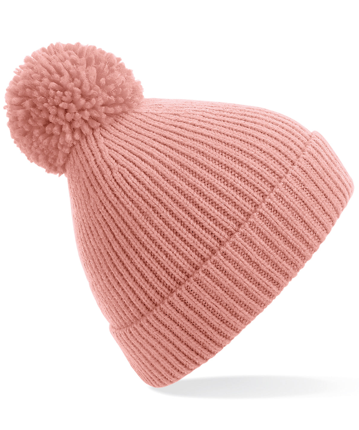 Engineered knit ribbed pom pom beanie