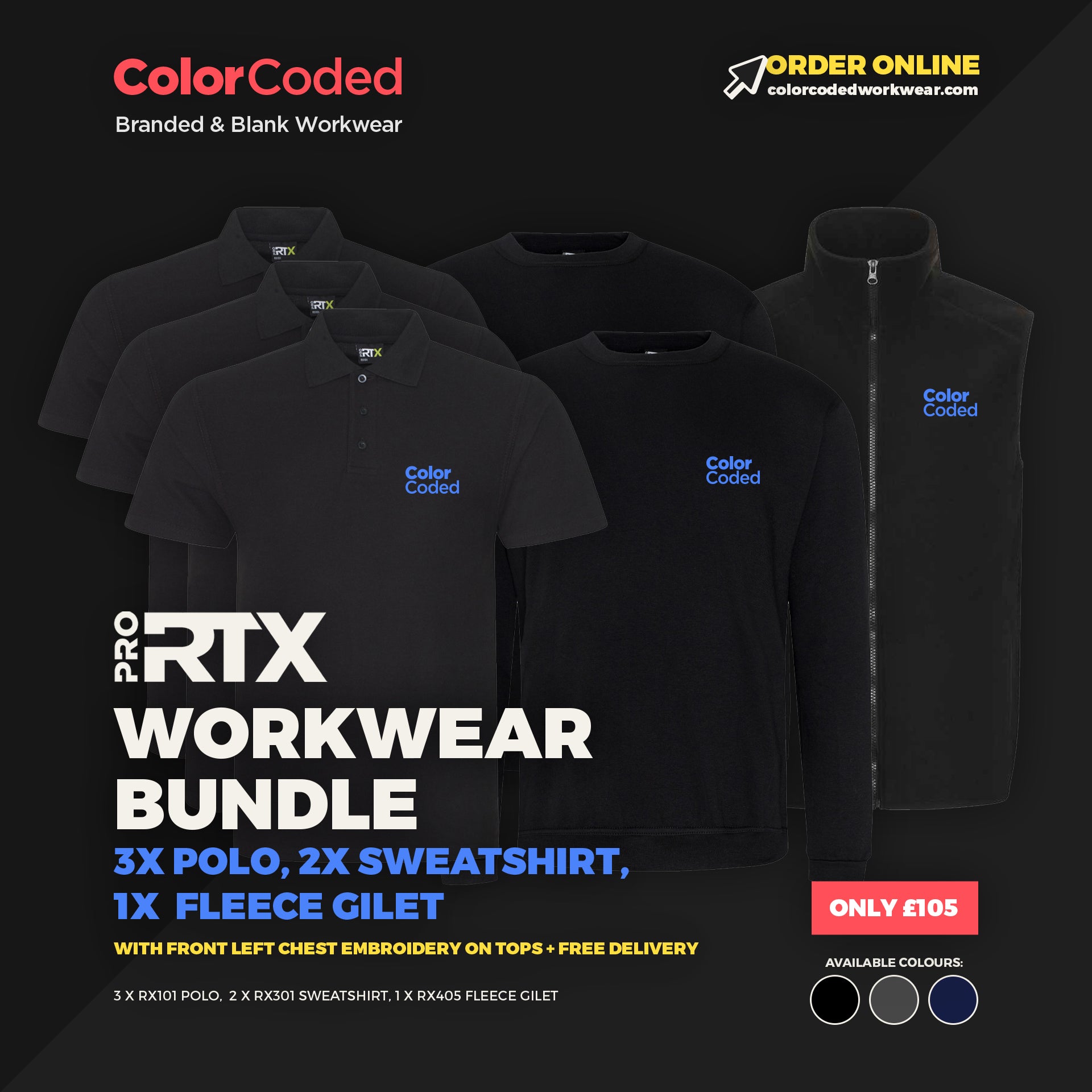 ProRTX Workwear Bundle (3x Polo, 2x Sweatshirt, 1x Fleece Gilet)