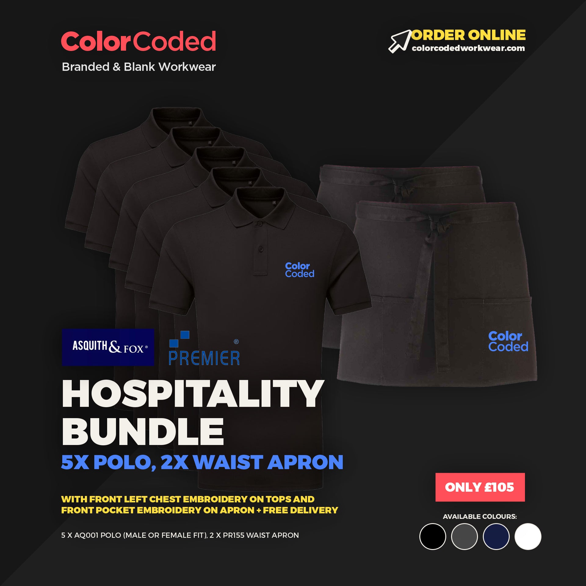 Asquith & Fox, Premier Hospitality Bundle (5x Polo, 2x Apron)