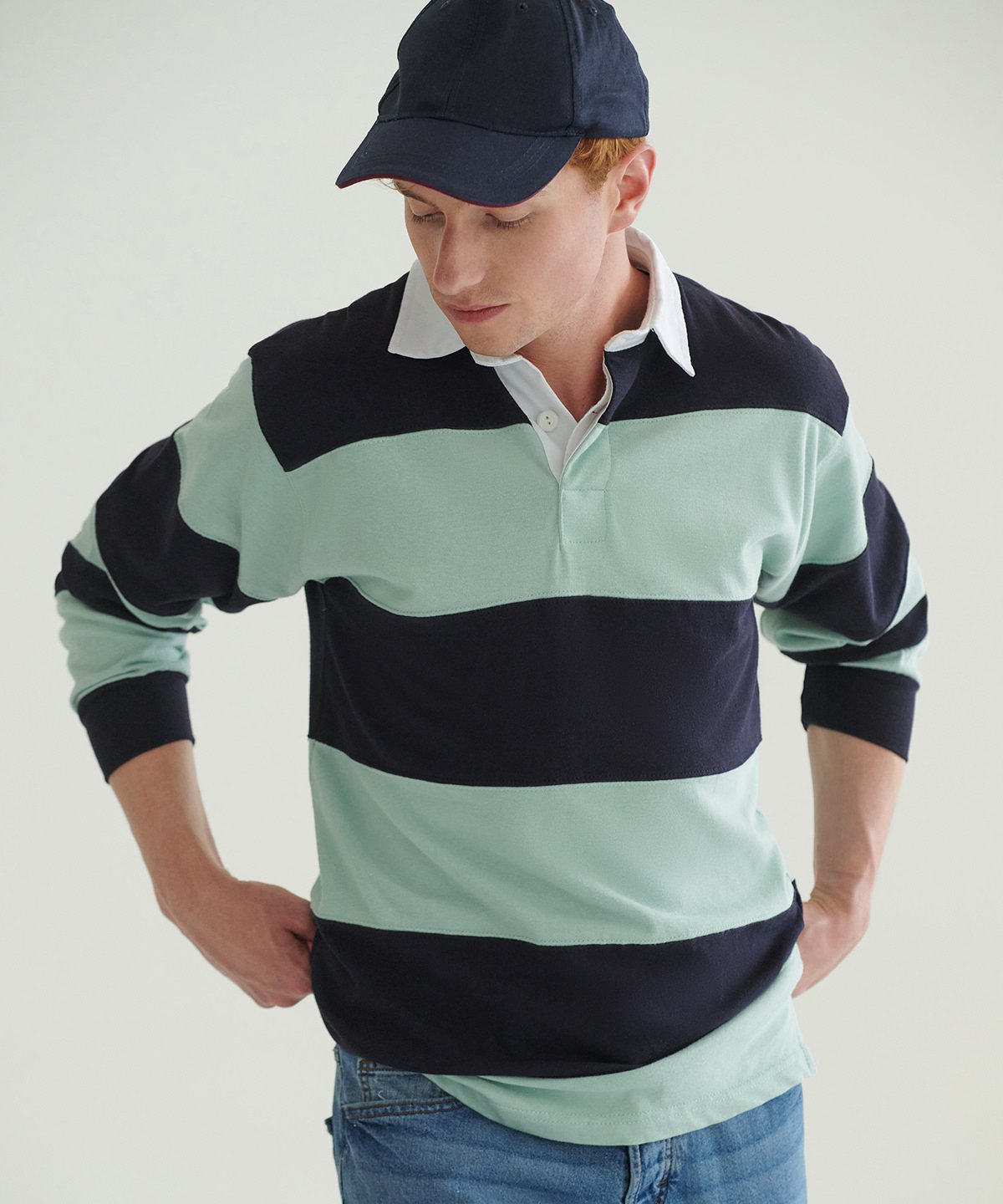 FR08M | Sewn stripe long sleeve rugby shirt | Front Row