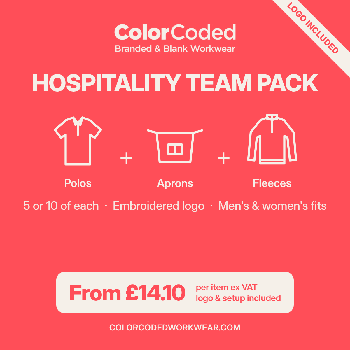 Hospitality Team Pack | Premier Polos, 3-Pocket Aprons & Fleeces with Logo Included