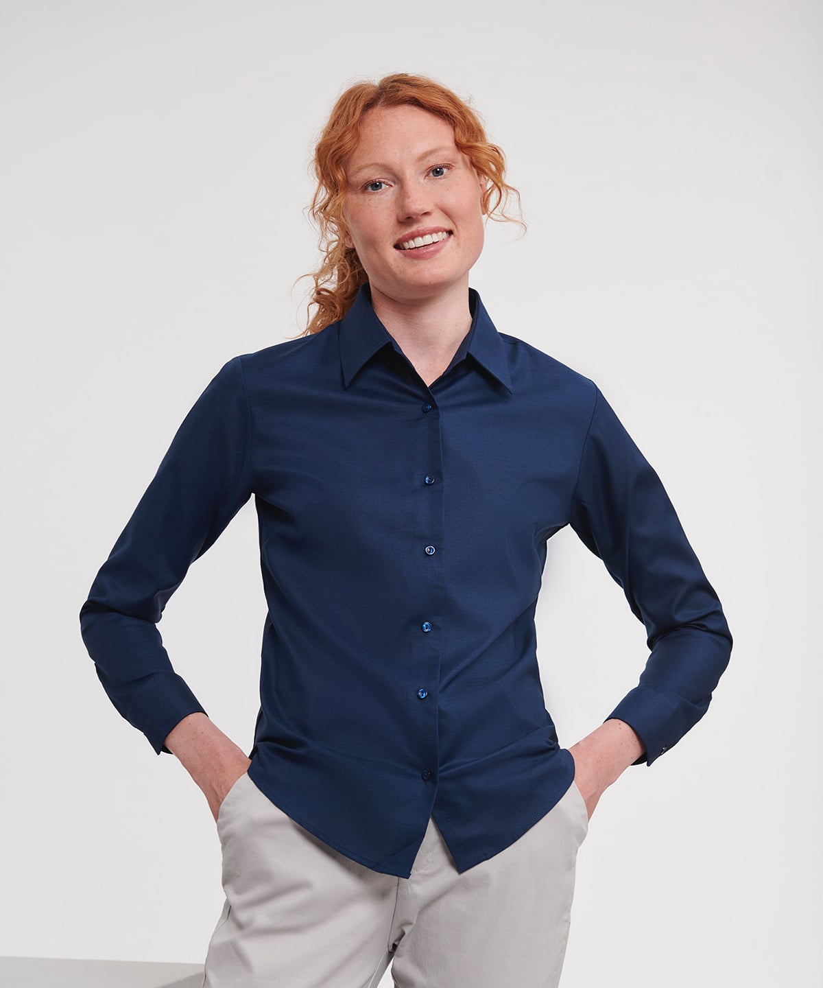 Russell J932F Women's Long Sleeve Easycare Oxford Shirt | Embroidered Corporate Shirt