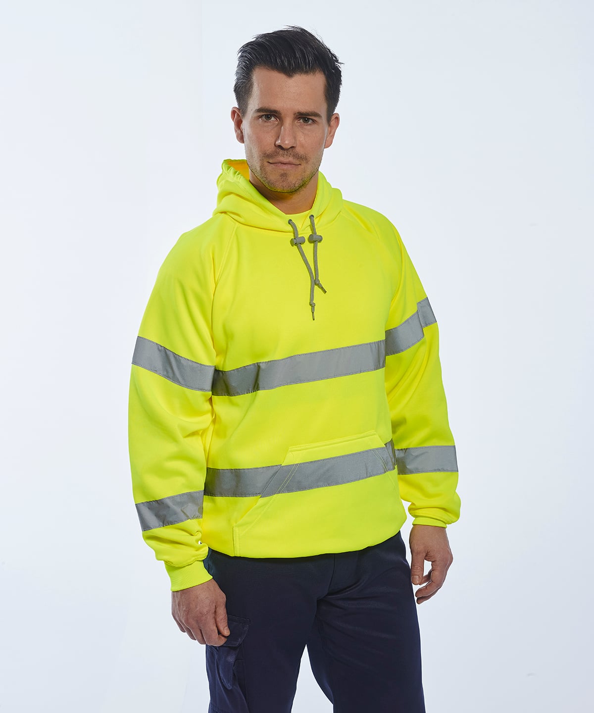Portwest Hi-Vis Hooded Sweatshirt (PW337 / B304), worn by a model, photo 2