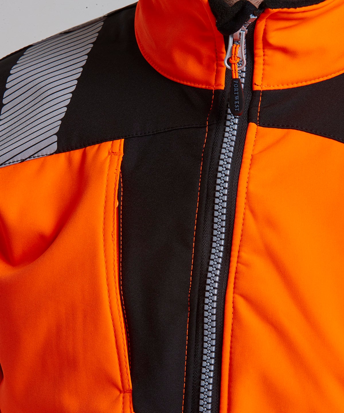 Portwest PW3 Hi-Vis Softshell Jacket (PW366 / T402), worn by a model, photo 2