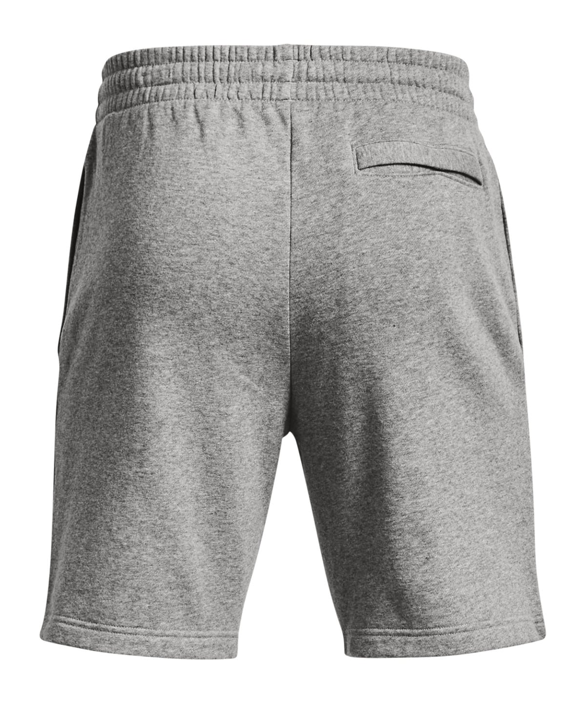 Gray heather fleece shorts shown from the back, featuring an elastic waistband, side pockets, and a welt pocket on the right side.