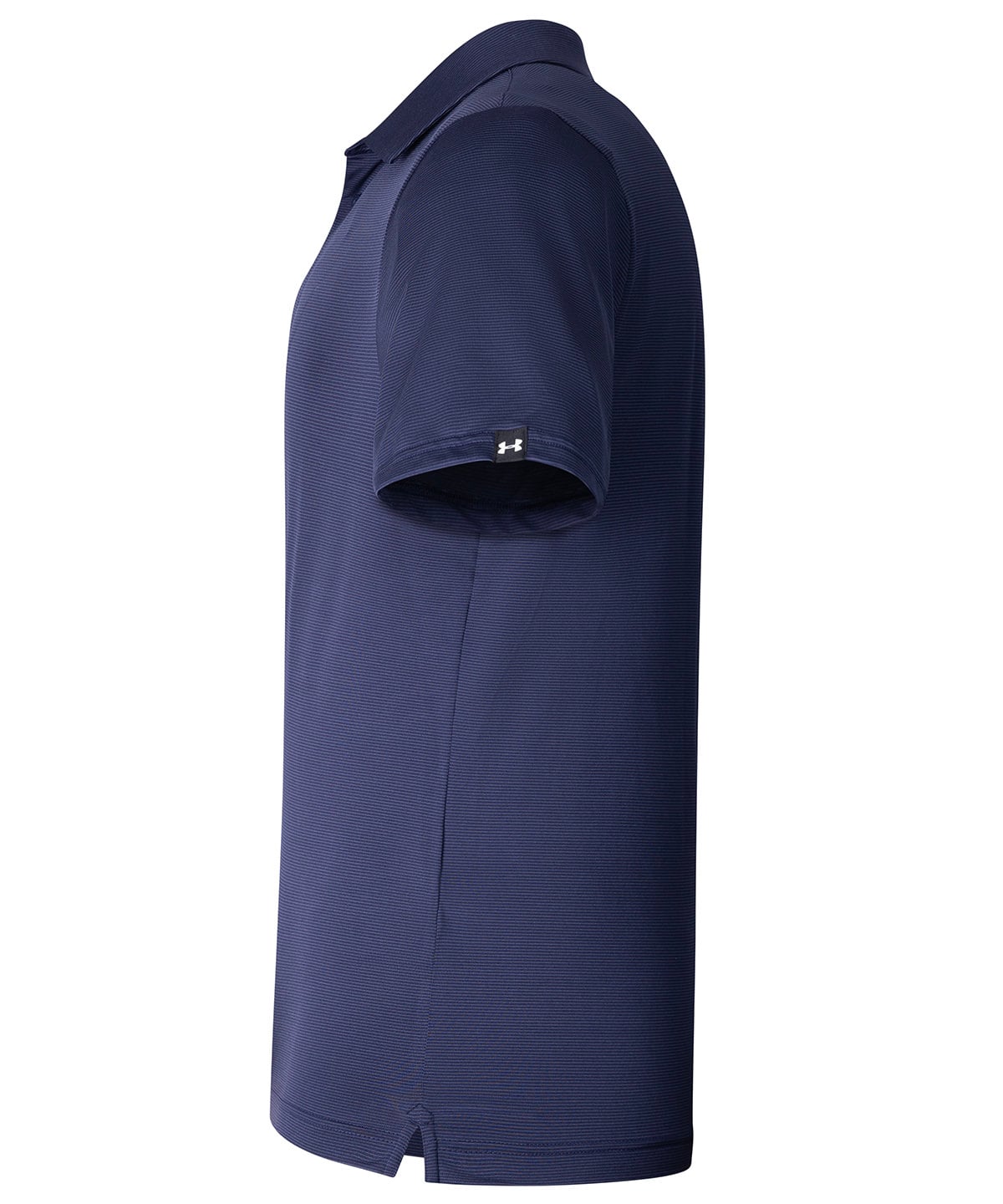 A navy blue short-sleeve polo shirt shown in a side profile view against a plain white background. The Under Armour logo is visible on the left sleeve cuff.