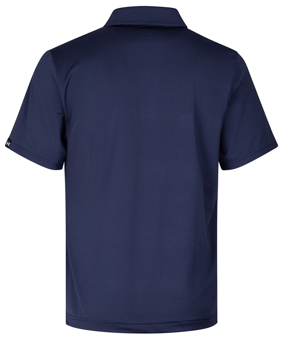 A navy blue short-sleeve polo shirt shown from the back, featuring a classic collar and a small white embroidered logo on the left sleeve cuff, set against a plain white background.