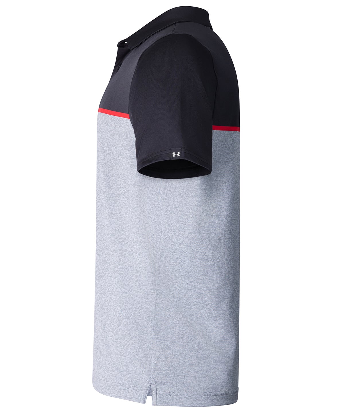 A men's colorblock polo shirt shown from the side profile. The shirt features a light heather gray body, a solid black yoke and collar, and thin red stripes separating the black collar section from the gray body, with a small white Under Armour logo on the sleeve.