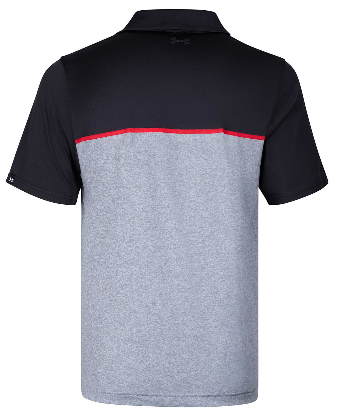 A short-sleeve polo shirt shown from the back, featuring a black upper section and collar, a heather gray lower section, and a thin red horizontal stripe separating the two sections.