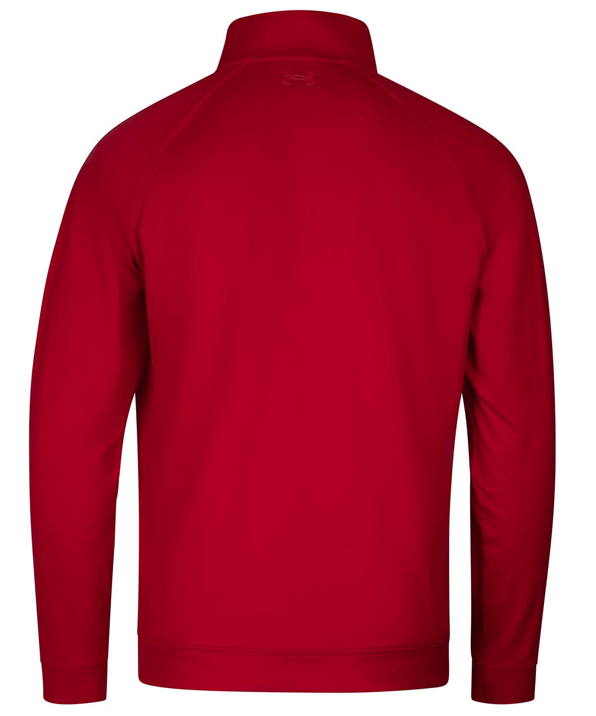 A red long-sleeve quarter-zip pullover jacket shown from the back, featuring a high mock neck collar and raglan sleeves, photographed on a solid white background.